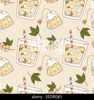 White Currant Iced Tea Seamless Pattern. Glass of Cold Cocktail Drink, Tea Bags and Berries on Light Background. Botanical Summer Beverage Design. Vec Stock Vector