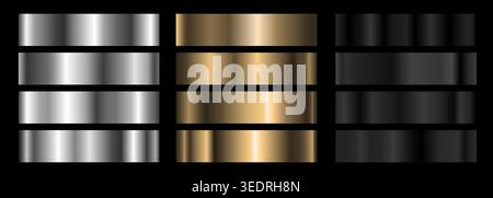 A set of silver, gold and black metallic gradients. Vector collection of metal gradients for chrome button, ribbon, brass metal frame border, label Stock Vector