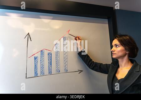 Serious businesswoman analyzing growth chart with pointer during corporate presentation Stock Photo