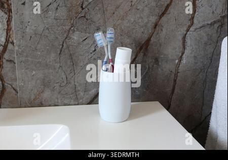 Toothbrushes and toothpaste are standing in a white holder on a modern bathroom counter, representing daily dental care, personal hygiene routines and shared living space Stock Photo