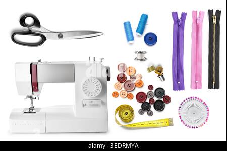 Sewing machine and different tailor's supplies on white background Stock Photo