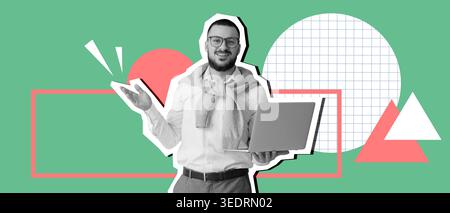 Happy businessman with laptop on color background Stock Photo