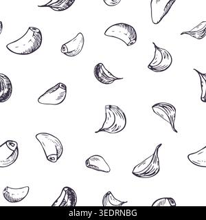 Garlic clove seamless pattern. Hand drawn ink sketch illustration of organic vegetable. Monochrome outline graphic style for kitchen textile, culinary Stock Vector