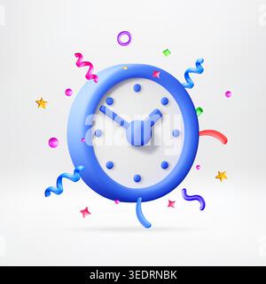 3d illustration of a blue wall clock surrounded by colorful confetti. Festive celebration of time and progress. Concept for deadline management, count Stock Vector