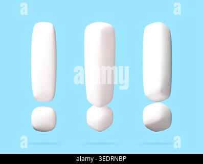 White exclamation mark set in 3D style. Floating punctuation symbols for web interface design. Minimalist graphic signs isolated on blue for alert and Stock Vector