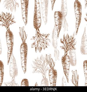Seamless pattern with hand drawn carrots in pen and ink style. Graphic line art of fresh vegetables for seasonal menu, organic farm market branding Stock Vector