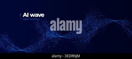 AI Wave Technology Background with Futuristic Digital Data Flow and Glowing Blue Network Particles. Artificial Intelligence Waves for Tech Business Stock Vector
