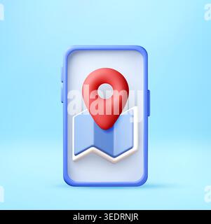 3d smartphone with map and location pin on screen Stock Vector