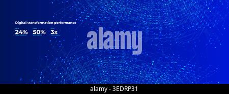 Digital Transformation Performance Background with Blue Data Network, Glowing Particles, Statistic Metrics. Business Performance Analytics Banner Stock Vector