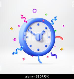 3d blue wall clock surrounded by colorful confetti Stock Vector