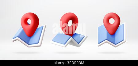 Red map pin on blue paper map 3d icon set Stock Vector