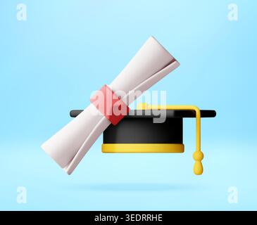 3D Graduation cap and diploma scroll. Stock Vector