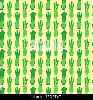 Vector seamless green onion, leek pattern with repeating scallion vegetables, simple food background with fresh spring onions on light texture Stock Vector