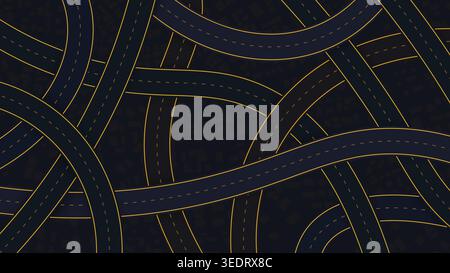 Large abstract roads, gradient lines intersect in various directions. Black background. Vector, illustration. Stock Vector