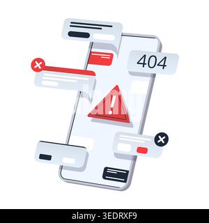 Danger alert, dangerous warning concept. Smartphone with error information, mobile virus. Fake web-site, online fraud, malware in internet. Flat Stock Vector