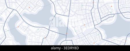 Extensive city scheme featuring points of interest. Abstract navigation plan of the urban area. General city map indicating streets, roads, and Stock Vector