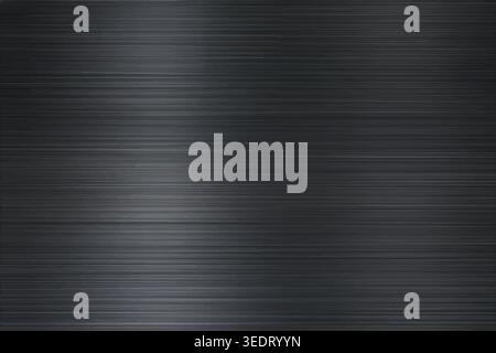 Dark gray brushed metal texture with fine horizontal lines, subtle highlights, and sleek industrial detail for modern backgrounds and design overlays. Stock Vector