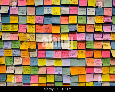 HIROSHIMA, JAPAN - JANUARY 1, 2026: Handrwitten notes that express wishes for peace have been written by anonymous visitors and cover a bulletin board Stock Photo