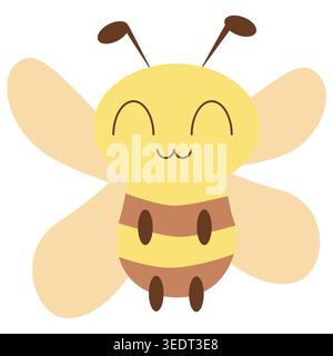 Cute smiling bee character with closed eyes in kawaii cartoon style. Great for stickers, children projects and cute mascot collections Stock Vector