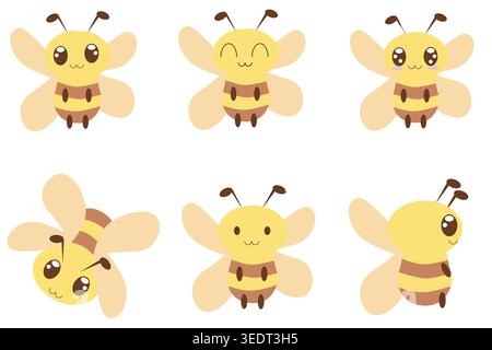 Adorable kawaii bee character collection featuring cute expressions and simple poses. Perfect for stickers, nursery design, kids projects, mascot, ico Stock Vector