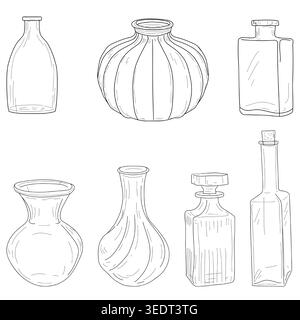 Glass vases and glasses, hand-drawn sketch. Vector illustration. A set of kitchen utensils, isolated on a white background Stock Vector