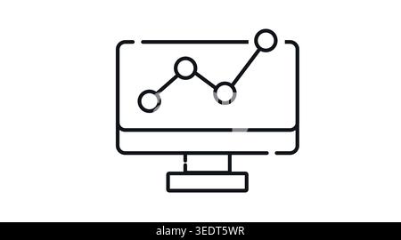 Computer line chart analytics icon: desktop PC with node-based data graph on screen, minimalist black line art vector illustration for statistics. Stock Vector