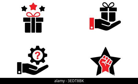 Gift box with stars, hand holding gear with question mark, raised fist inside icons Stock Vector