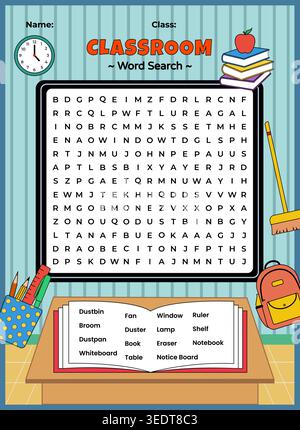 Classroom objects word search worksheet for kids. Printable educational vocabulary puzzle activity featuring school supplies and classroom items. Stock Vector