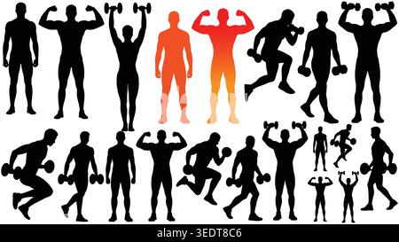Collection of Fitness and Bodybuilder Silhouettes in Various Exercise Poses Stock Vector