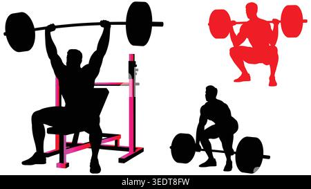 weightlifter bench press seated overhead barbell squat deadlift silhouettes fitness strength training Stock Vector