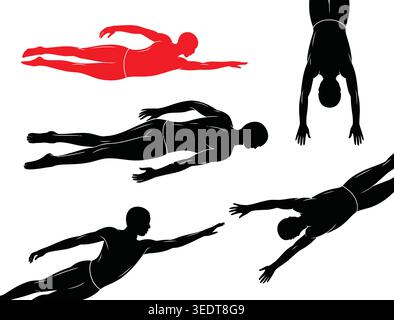 Swimming Silhouettes Set, Swimmers in Freestyle and Diving Poses Stock Vector
