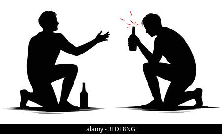 Silhouette of two men drinking from bottles, a celebratory concept Stock Vector