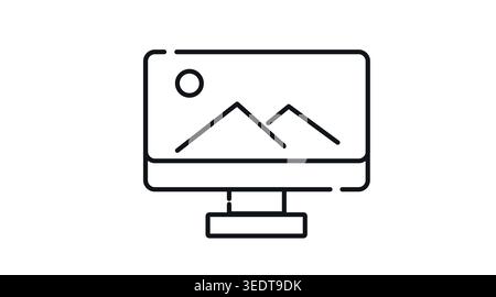 Desktop computer with image icon on screen: PC workstation representing digital photography, wallpaper, and graphic design, minimalist black line art Stock Vector