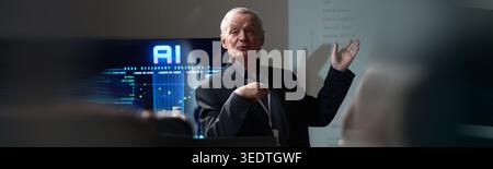 Senior Man Presenting Ai Strategy during Corporate Seminar Stock Photo