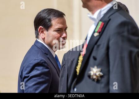 Vatican City, Vatican. 07th May, 2026. US Secretary of State Marco Rubio (L) is greeted by the Vatican ceremonial staff at the San Damaso Courtyard for an official meeting with Pope Leo XIV at the Vatican on May 7 2026 US Secretary of State Marco Rubio arrives at the Vatican for a high level diplomatic visit and an official meeting with Pope Leo XIV to discuss international relations and global peace. Credit: SOPA Images Limited/Alamy Live News Stock Photo