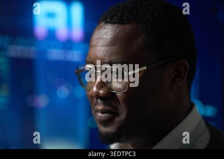 Black Man Analyzing Ai Data for Business Technology Strategy Stock Photo