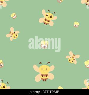 Adorable seamless bee pattern featuring kawaii cartoon bees and honey jars on soft green background. Perfect for fabric, nursery decor, wallpaper, pac Stock Vector