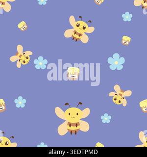 Adorable seamless pattern with cute cartoon bees, flowers, and honey jars on purple background. Perfect for nursery decor, fabric, wallpaper, wrapping Stock Vector