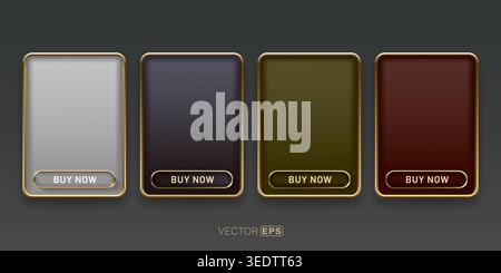 Luxury gold and dark metallic panels with Buy Now buttons. A premium set of call to action elements for your design. Vector illustration. Stock Vector