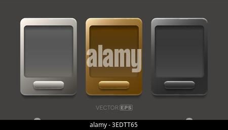 Neumorphic UI frames with button, set in three colors. Modern soft user interface design concept. Vector illustration Stock Vector