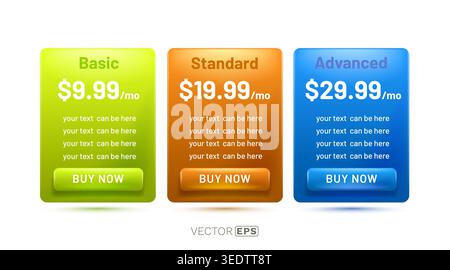 Clean and colorful pricing tables for web and app design. Basic, Standard, Advanced plans with Buy Now buttons. Vector illustration Stock Vector