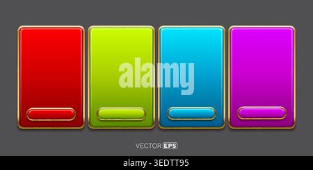 Vibrant Set of Four Glossy Rectangular Frames with Matching Buttons for UI Design. Vector illustration. Stock Vector