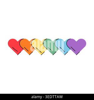 Retro rainbow heart border with six colorful hearts in a row isolated on white. 90s aesthetic divider element in LGBTQ flag colors for LGBTQ pride Stock Vector