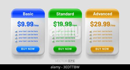 Modern pricing table design with three subscription plans. Clean UIUX element for web or app design. Vector illustration Stock Vector