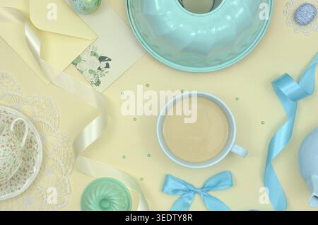Table decoration at the reception: interpenetrating colors from yellow to blue, blue, mint yellow decorations. Feminine table. Stock Photo