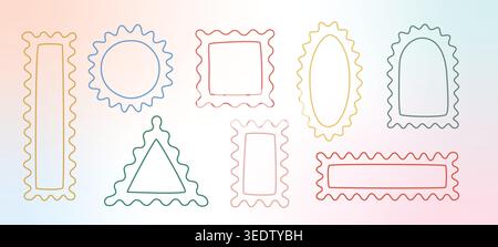 Fun colorful simple wavy, zigzag edge, border shapes, figures. Aesthetic groovy cute vector text frames, frameworks, rectangle. Retro scallop wiggly Stock Vector