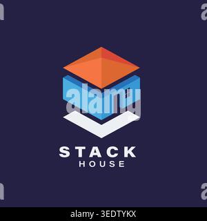 Modern isometric house logo with stacked layers, bold colors, and clean typography, perfect for real estate branding Stock Vector