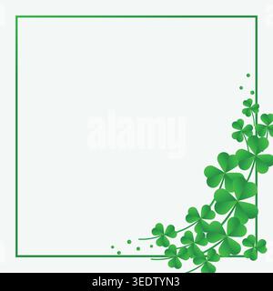 Square green shamrock frame with clover leaves in corner, ideal for St. Patricks Day cards and festive templates. Stock Vector