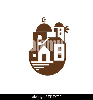Modern mosque and houses silhouette with crescent moon and palm tree, representing Islamic architecture icon. Stock Vector