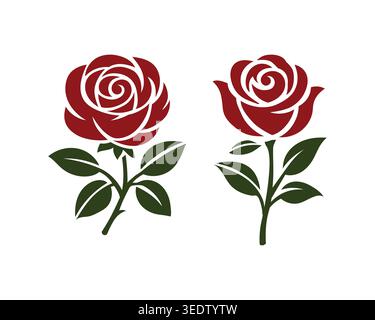 Elegant red rose vector illustrations with green leaves, perfect for logos, stickers, prints, and romantic floral designs. Stock Vector